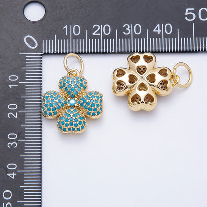 16K Gold Filled 22mm Turquoise, Clear Micro Paved CZ Lucky Leaf Clover Charm | Charms-00661 Charms-00662