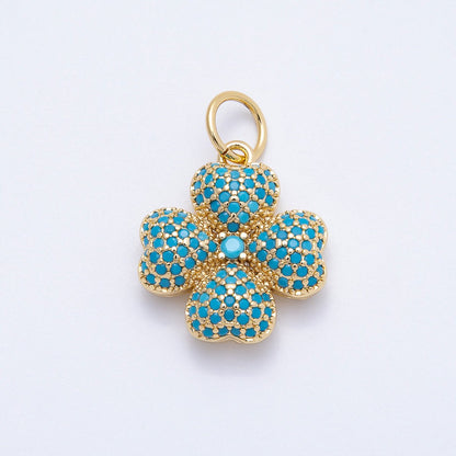 16K Gold Filled 22mm Turquoise, Clear Micro Paved CZ Lucky Leaf Clover Charm | Charms-00661 Charms-00662