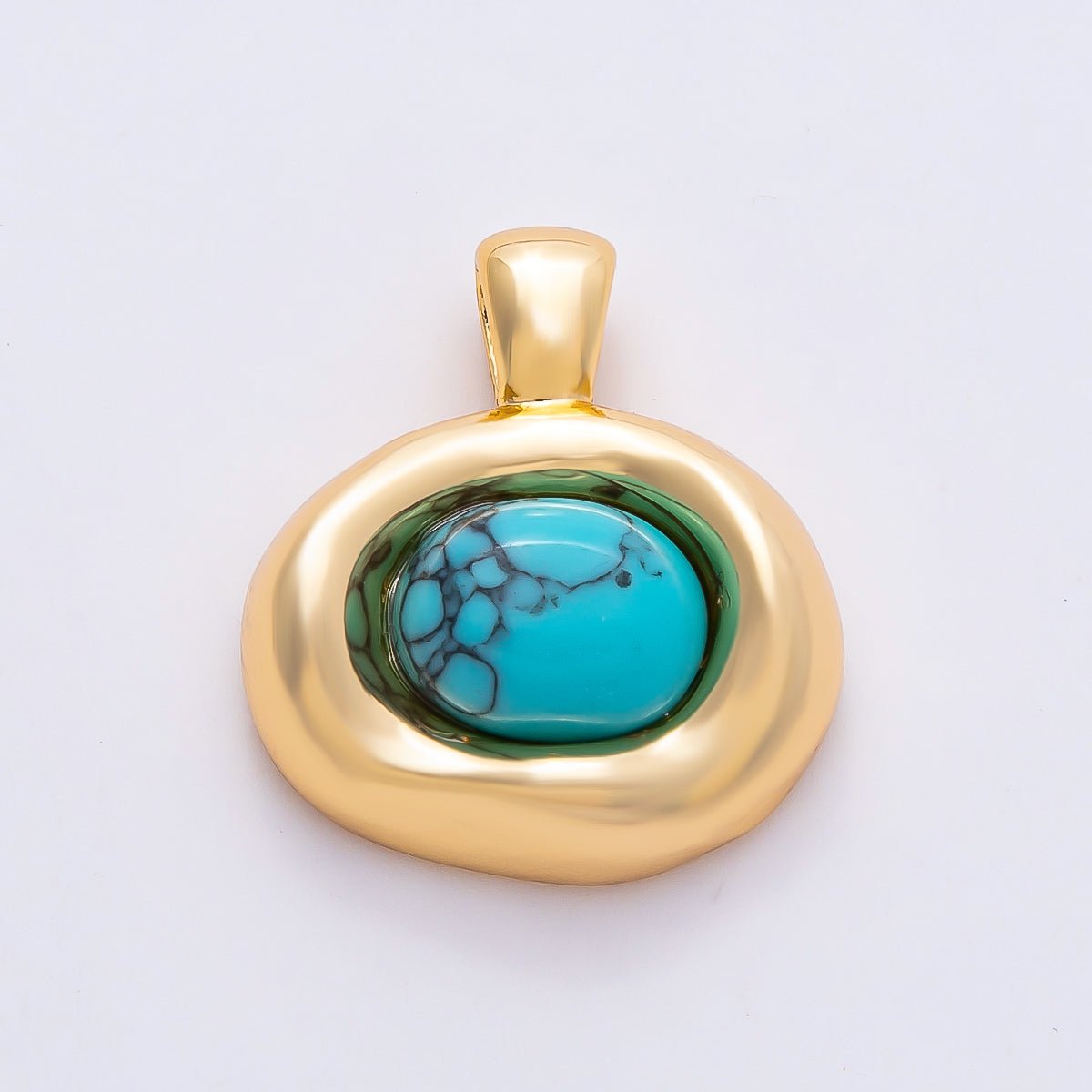 16K Gold Filled 22mm Turquoise Cabochon Gemstone Oval Molten Bezel Pendant | Charms-00786