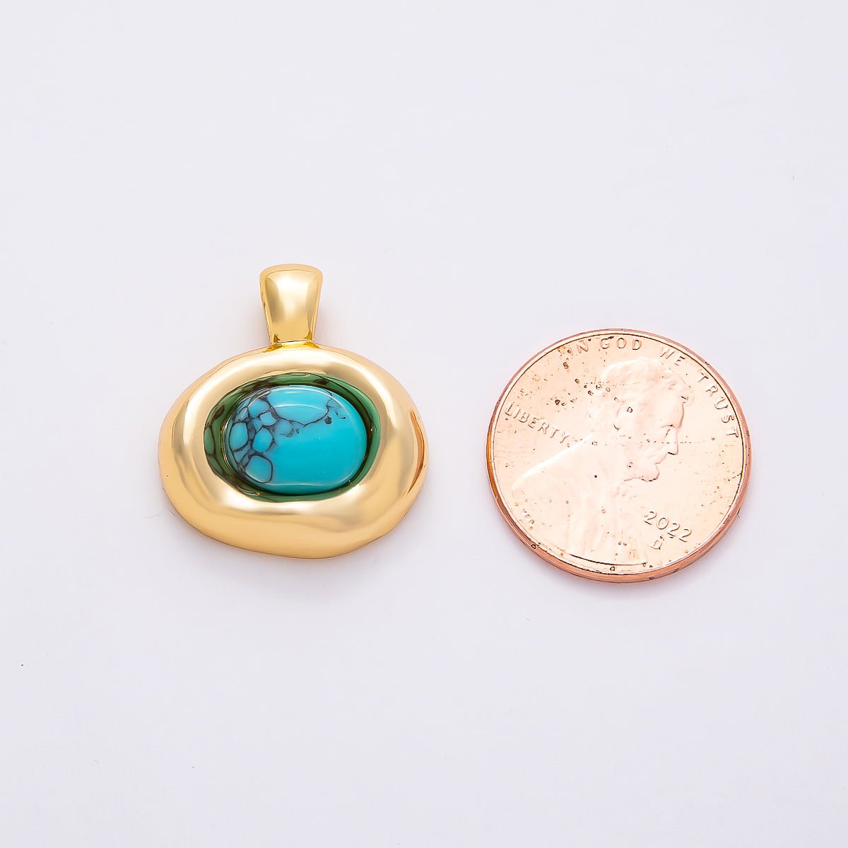 16K Gold Filled 22mm Turquoise Cabochon Gemstone Oval Molten Bezel Pendant | Charms-00786