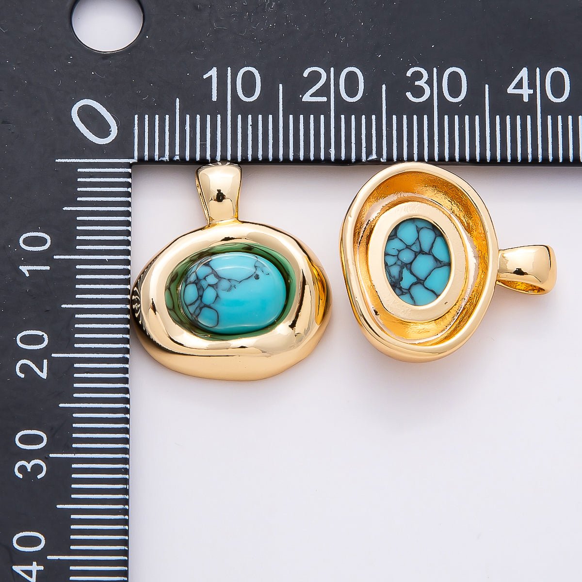 16K Gold Filled 22mm Turquoise Cabochon Gemstone Oval Molten Bezel Pendant | Charms-00786