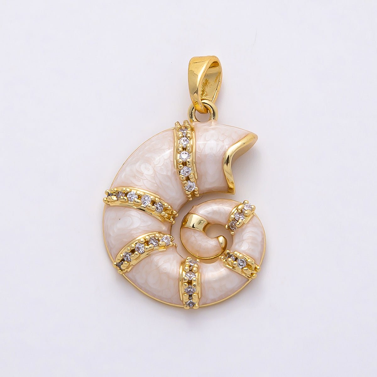 16K Gold Filled 22mm White Glitter Enamel Micro Paved CZ Conch Sea Shell Pendant | Charms-00771