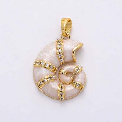 16K Gold Filled 22mm White Glitter Enamel Micro Paved CZ Conch Sea Shell Pendant | Charms-00771
