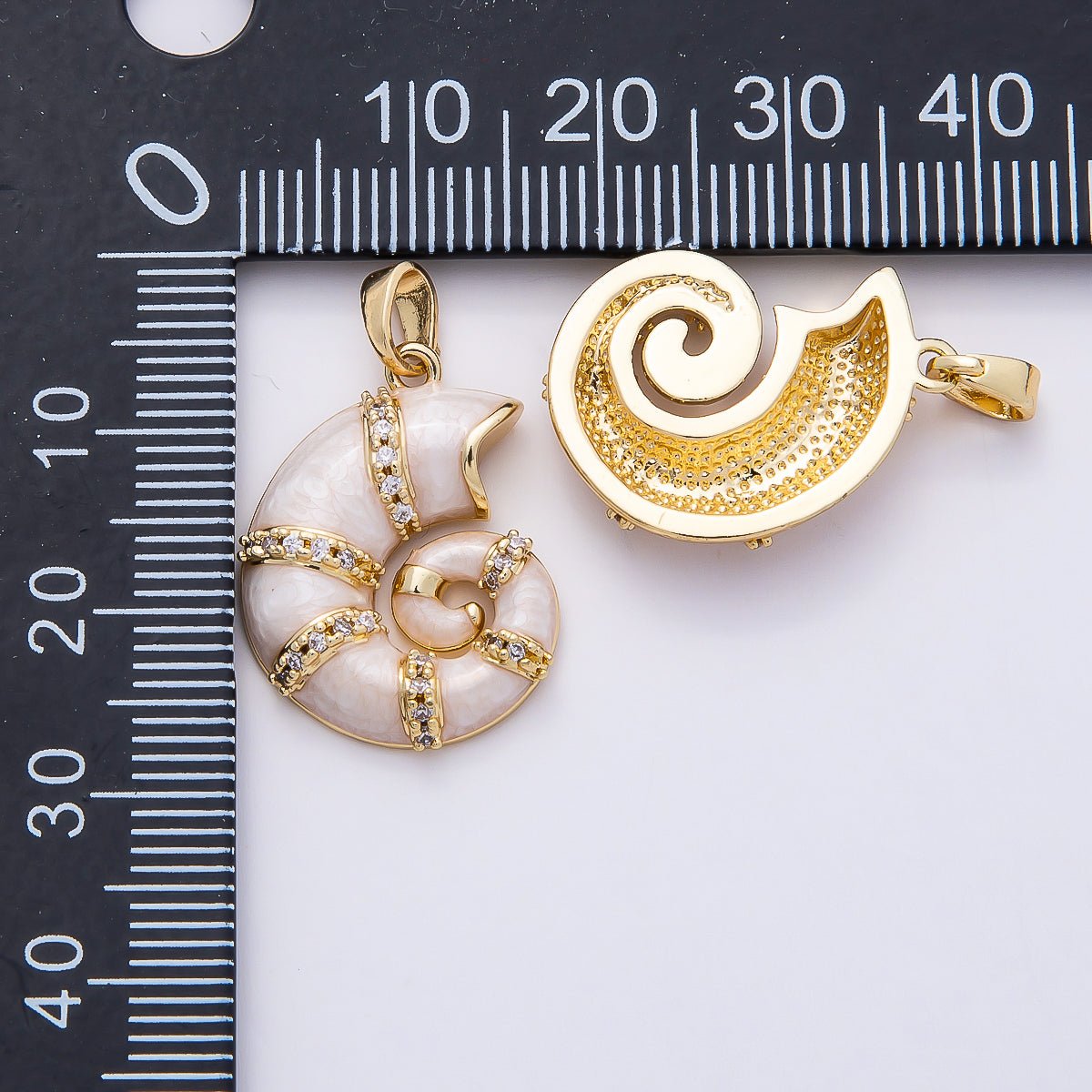 16K Gold Filled 22mm White Glitter Enamel Micro Paved CZ Conch Sea Shell Pendant | Charms-00771