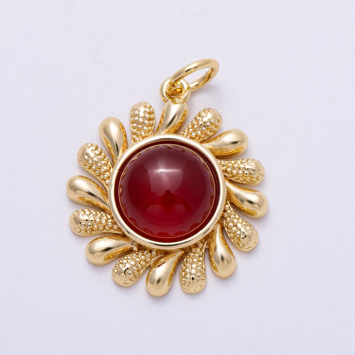 16K Gold Filled 23mm Amethyst, Carnelian Cabochon Gemstone Celestial Sun Ray Charm | Charms-00610 Charms-00611