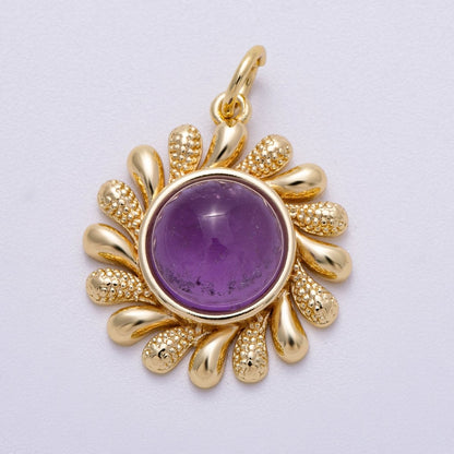 16K Gold Filled 23mm Amethyst, Carnelian Cabochon Gemstone Celestial Sun Ray Charm | Charms-00610 Charms-00611