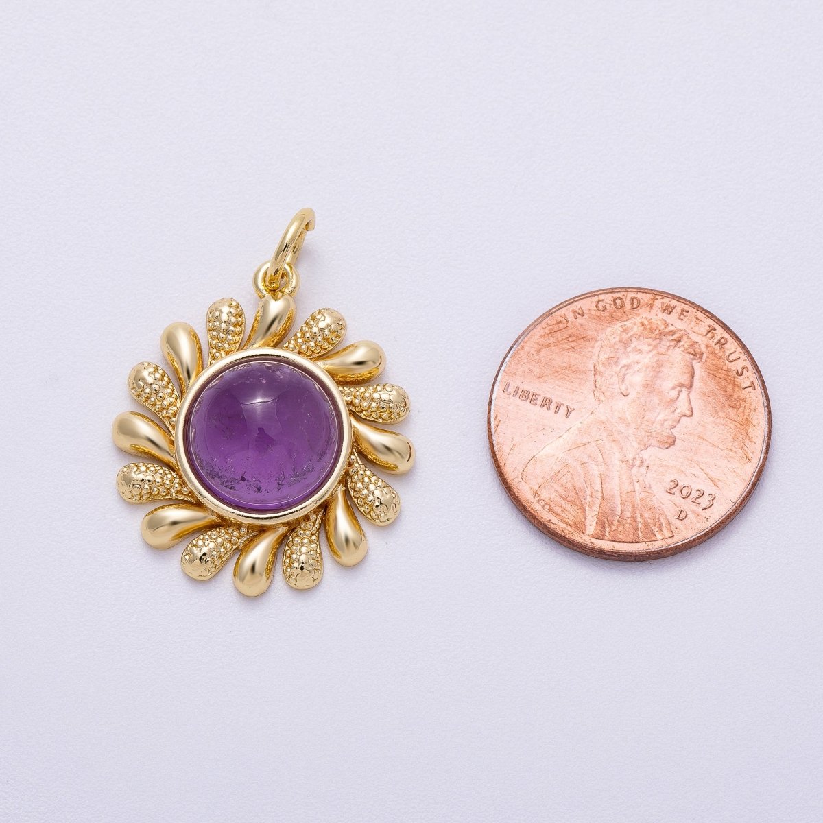 16K Gold Filled 23mm Amethyst, Carnelian Cabochon Gemstone Celestial Sun Ray Charm | Charms-00610 Charms-00611