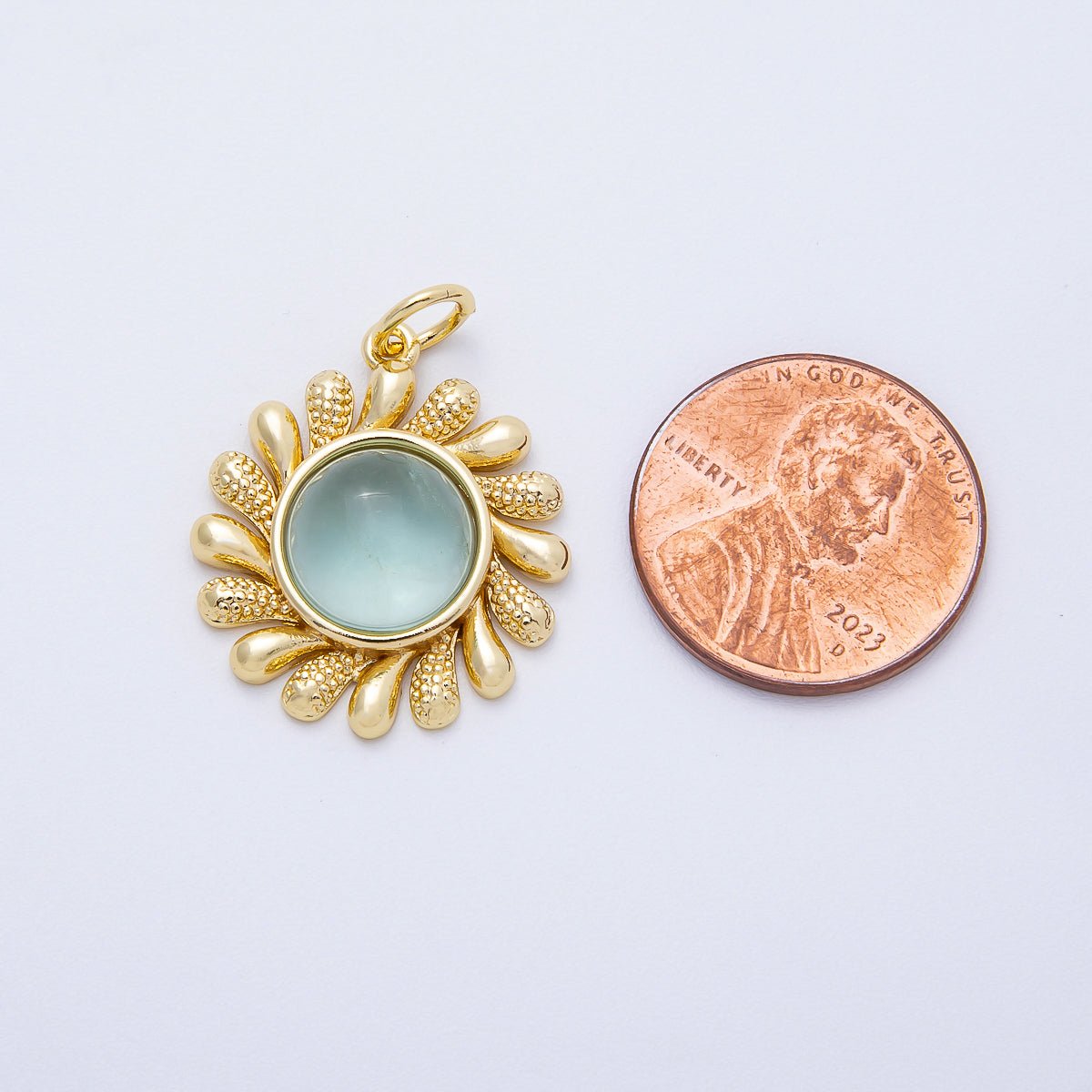 16K Gold Filled 23mm Aquamarine, Citrine Cabochon Gemstone Celestial Sun Ray Charm | Charms-00693 Charms-00694