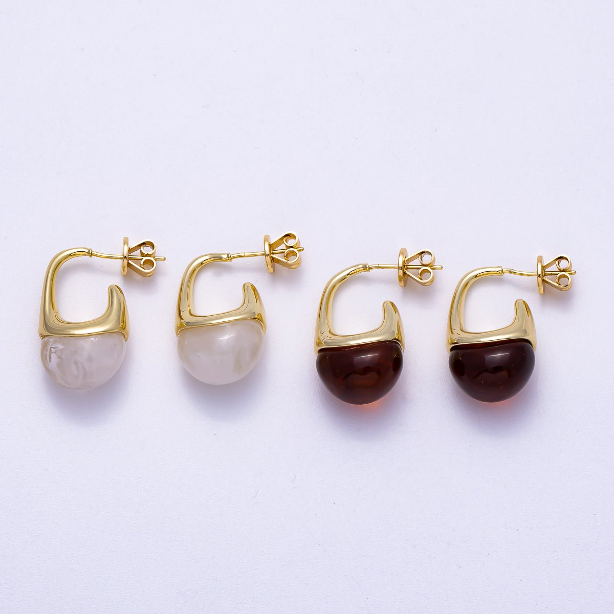 16K Gold Filled 23mm Clear, Brown Acrylic Molten J-Shaped Drop Hoop Earrings | Earrings-00359 Earrings-00360