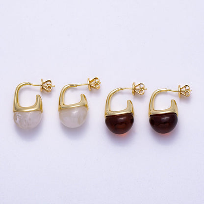 16K Gold Filled 23mm Clear, Brown Acrylic Molten J-Shaped Drop Hoop Earrings | Earrings-00359 Earrings-00360