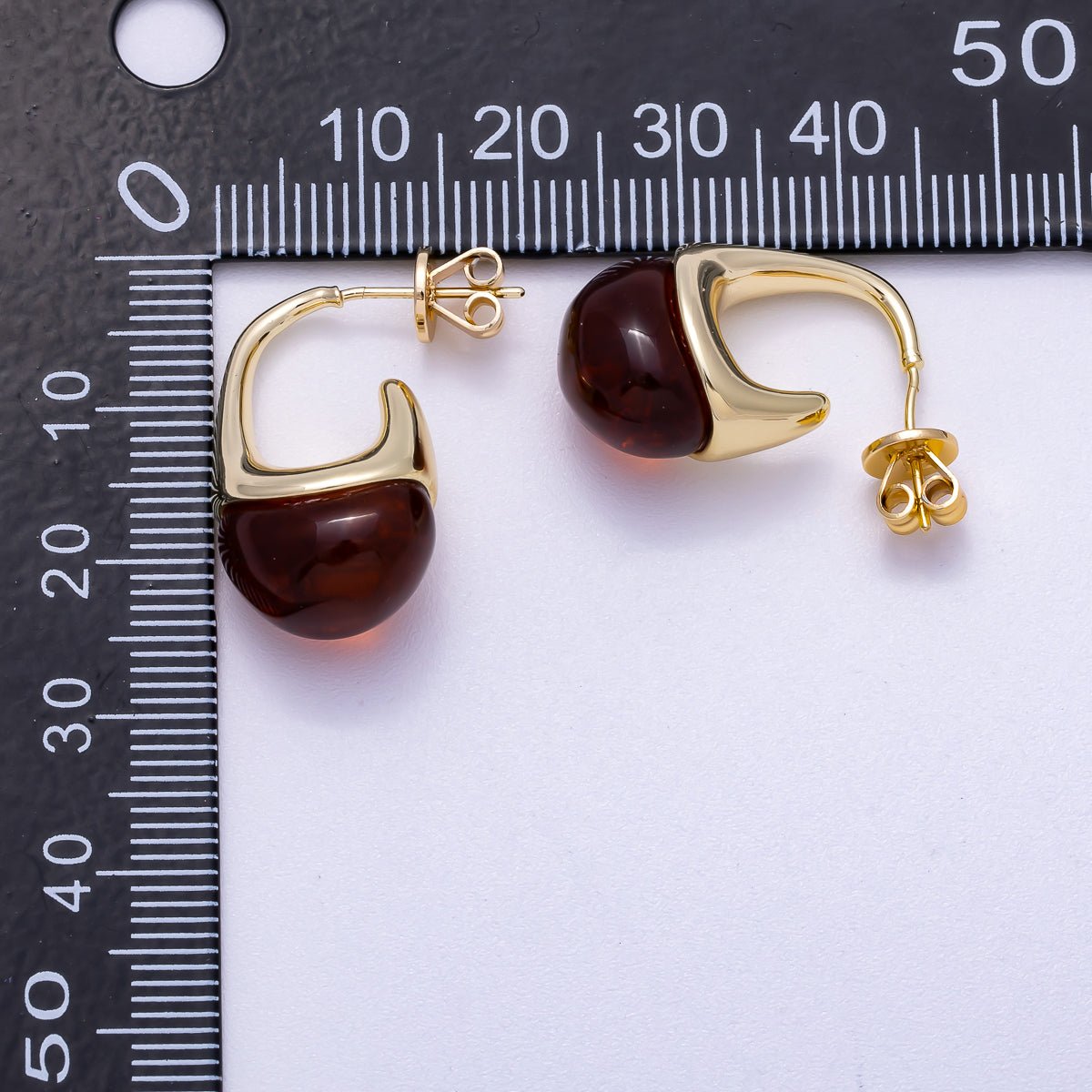 16K Gold Filled 23mm Clear, Brown Acrylic Molten J-Shaped Drop Hoop Earrings | Earrings-00359 Earrings-00360