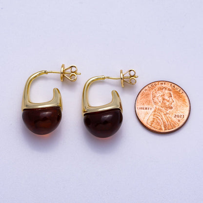 16K Gold Filled 23mm Clear, Brown Acrylic Molten J-Shaped Drop Hoop Earrings | Earrings-00359 Earrings-00360
