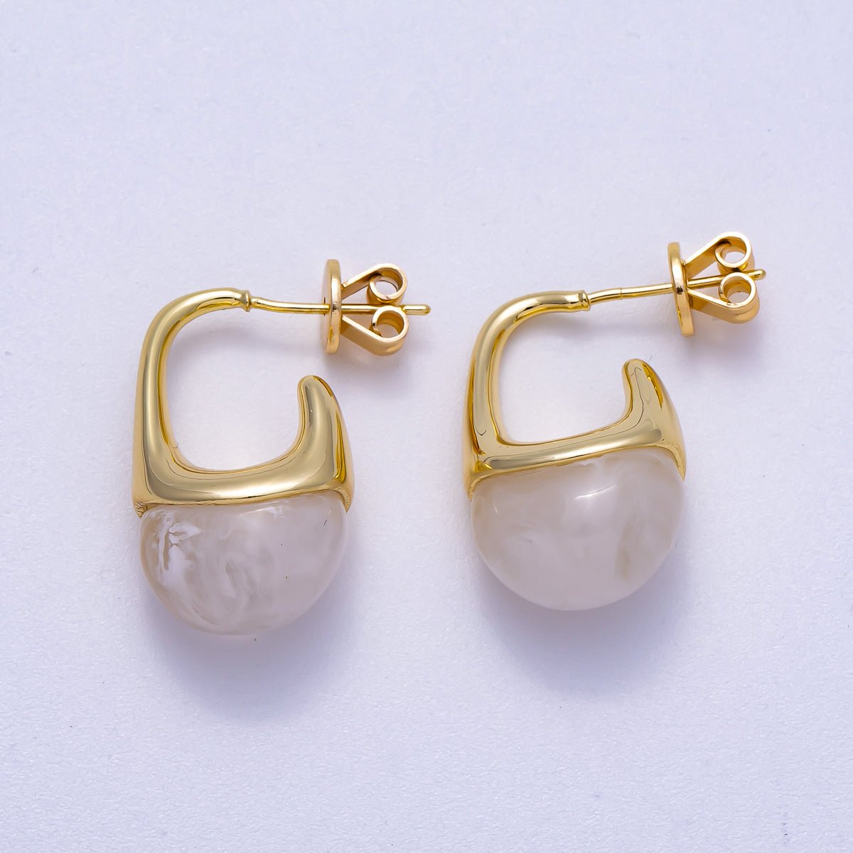 16K Gold Filled 23mm Clear, Brown Acrylic Molten J-Shaped Drop Hoop Earrings | Earrings-00359 Earrings-00360