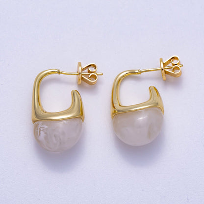 16K Gold Filled 23mm Clear, Brown Acrylic Molten J-Shaped Drop Hoop Earrings | Earrings-00359 Earrings-00360