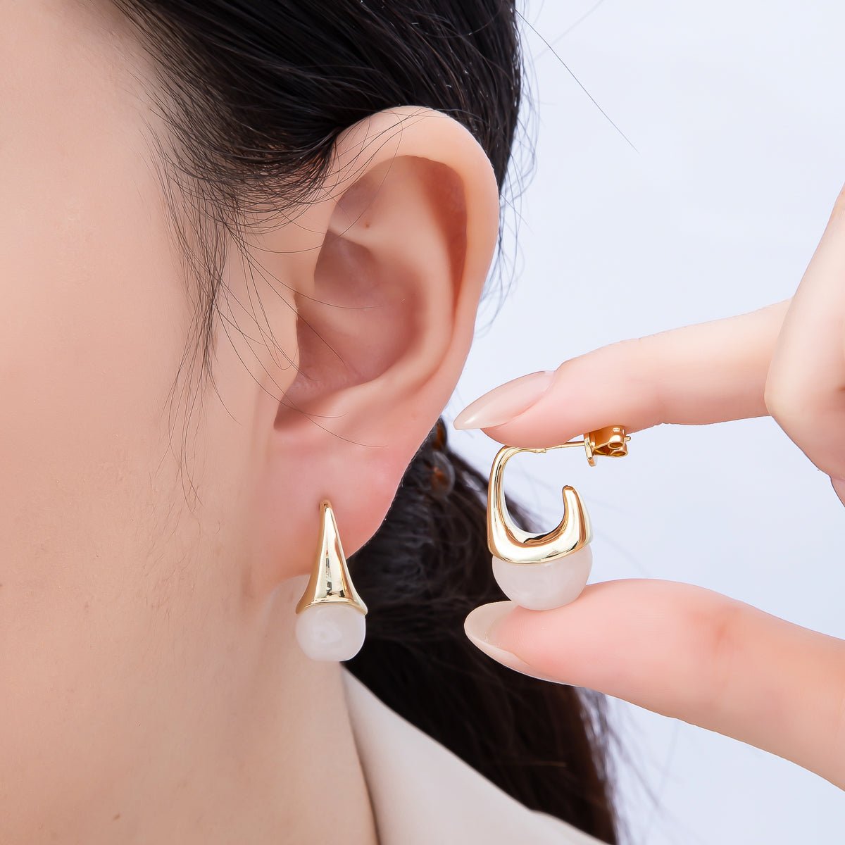 16K Gold Filled 23mm Clear, Brown Acrylic Molten J-Shaped Drop Hoop Earrings | Earrings-00359 Earrings-00360