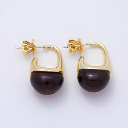 16K Gold Filled 23mm Clear, Brown Acrylic Molten J-Shaped Drop Hoop Earrings | Earrings-00359 Earrings-00360