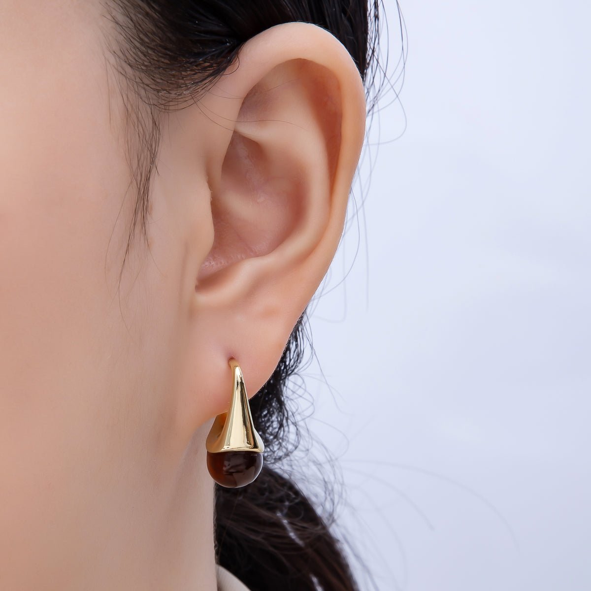 16K Gold Filled 23mm Clear, Brown Acrylic Molten J-Shaped Drop Hoop Earrings | Earrings-00359 Earrings-00360