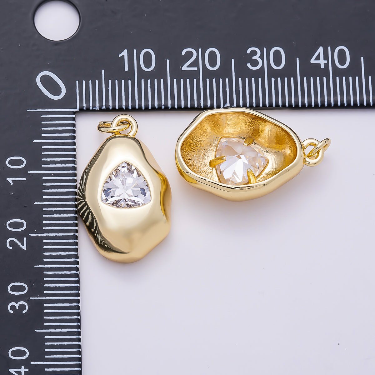 16K Gold Filled 23mm Clear CZ Triangle Geometric Molten Bezel Chubby Charm | Charms-01357
