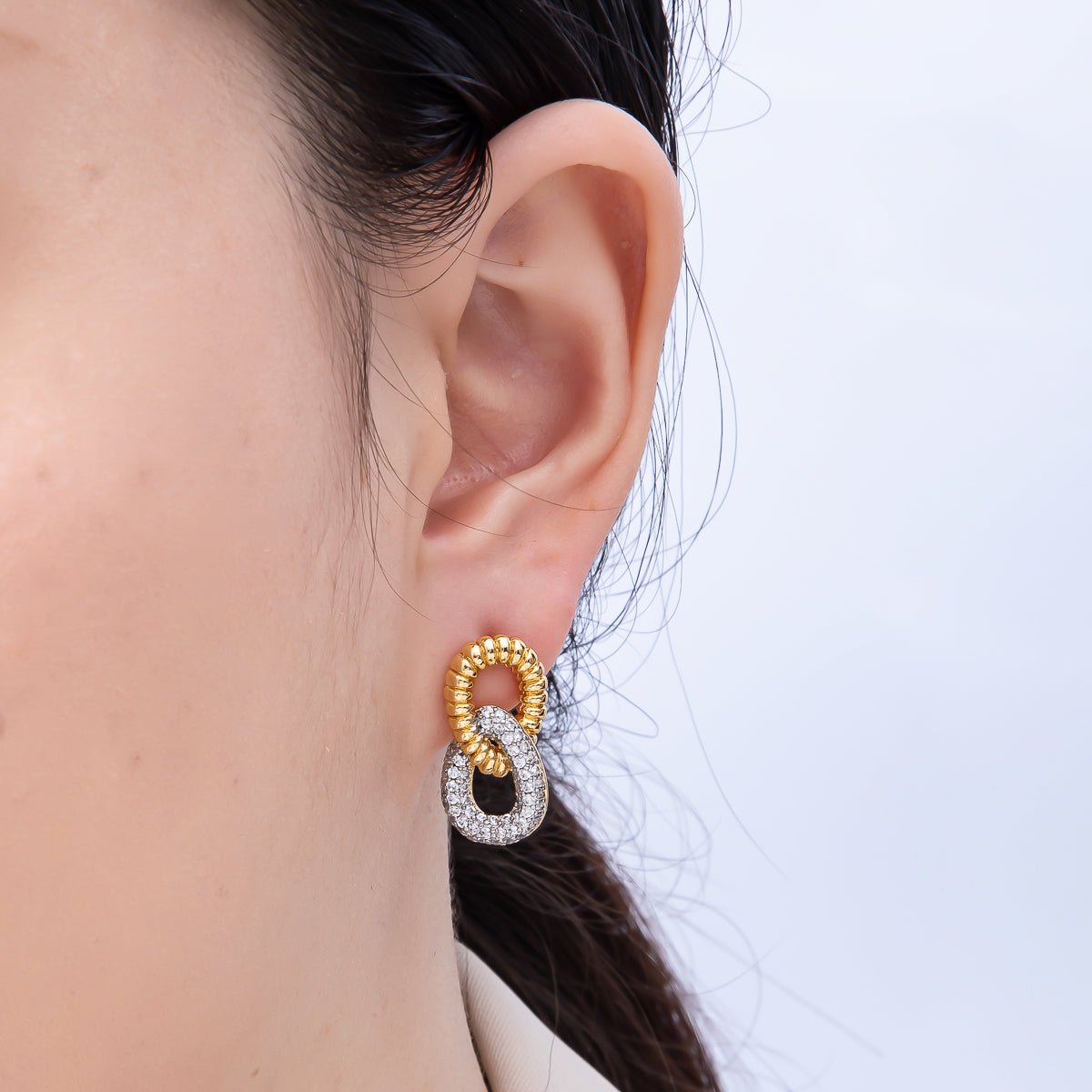 16K Gold Filled 23mm Micro Paved CZ Ribbed Geometric Interlock Drop Stud Earrings | Earrings-00363