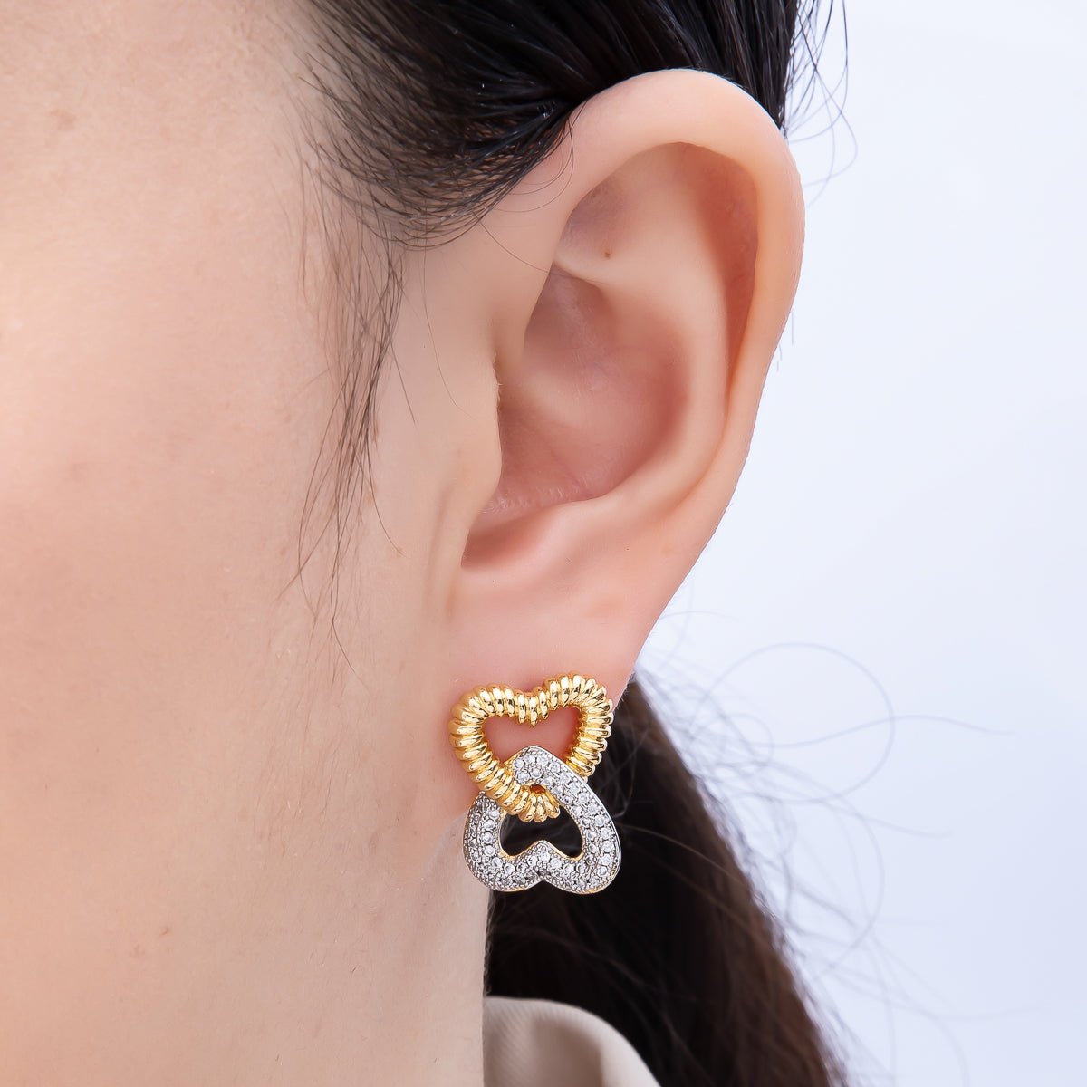 16K Gold Filled 23mm Micro Paved CZ Ribbed Heart Interlock Drop Stud Earrings | Earrings-00364