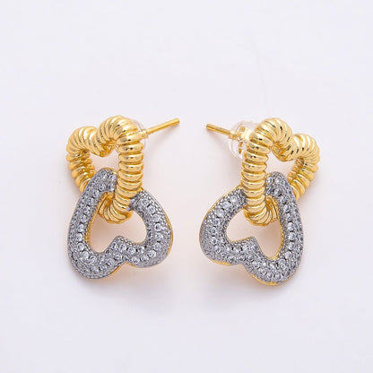 16K Gold Filled 23mm Micro Paved CZ Ribbed Heart Interlock Drop Stud Earrings | Earrings-00364