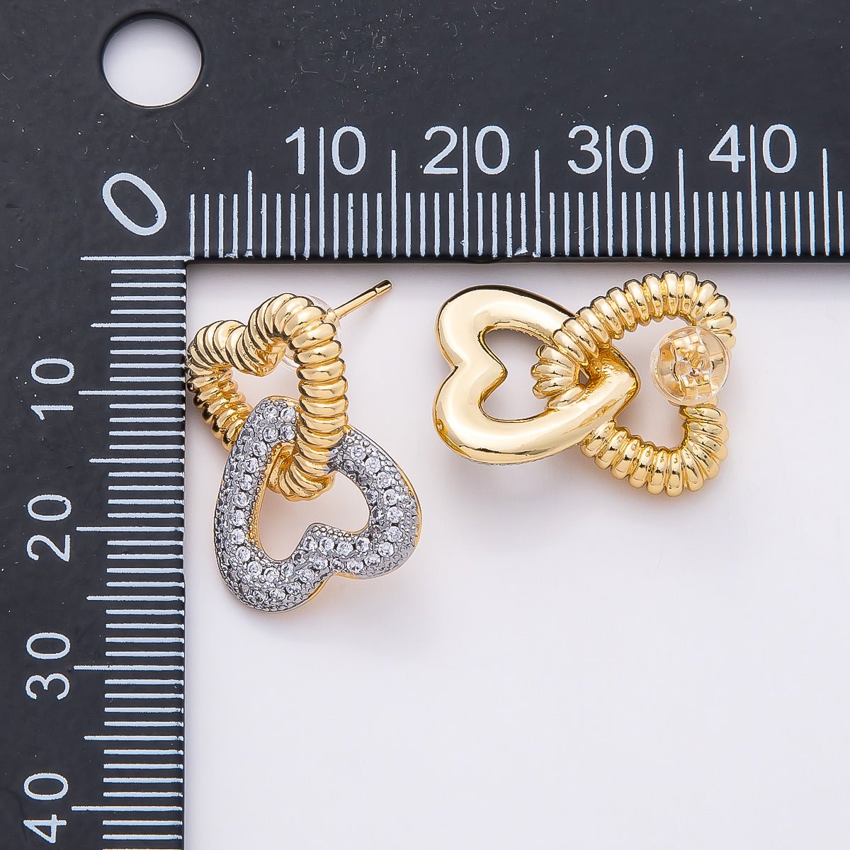16K Gold Filled 23mm Micro Paved CZ Ribbed Heart Interlock Drop Stud Earrings | Earrings-00364