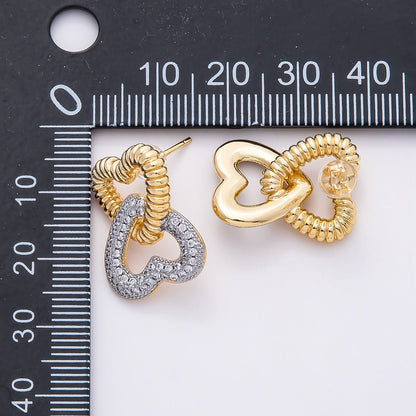 16K Gold Filled 23mm Micro Paved CZ Ribbed Heart Interlock Drop Stud Earrings | Earrings-00364