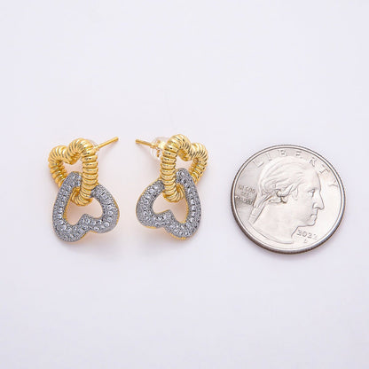 16K Gold Filled 23mm Micro Paved CZ Ribbed Heart Interlock Drop Stud Earrings | Earrings-00364