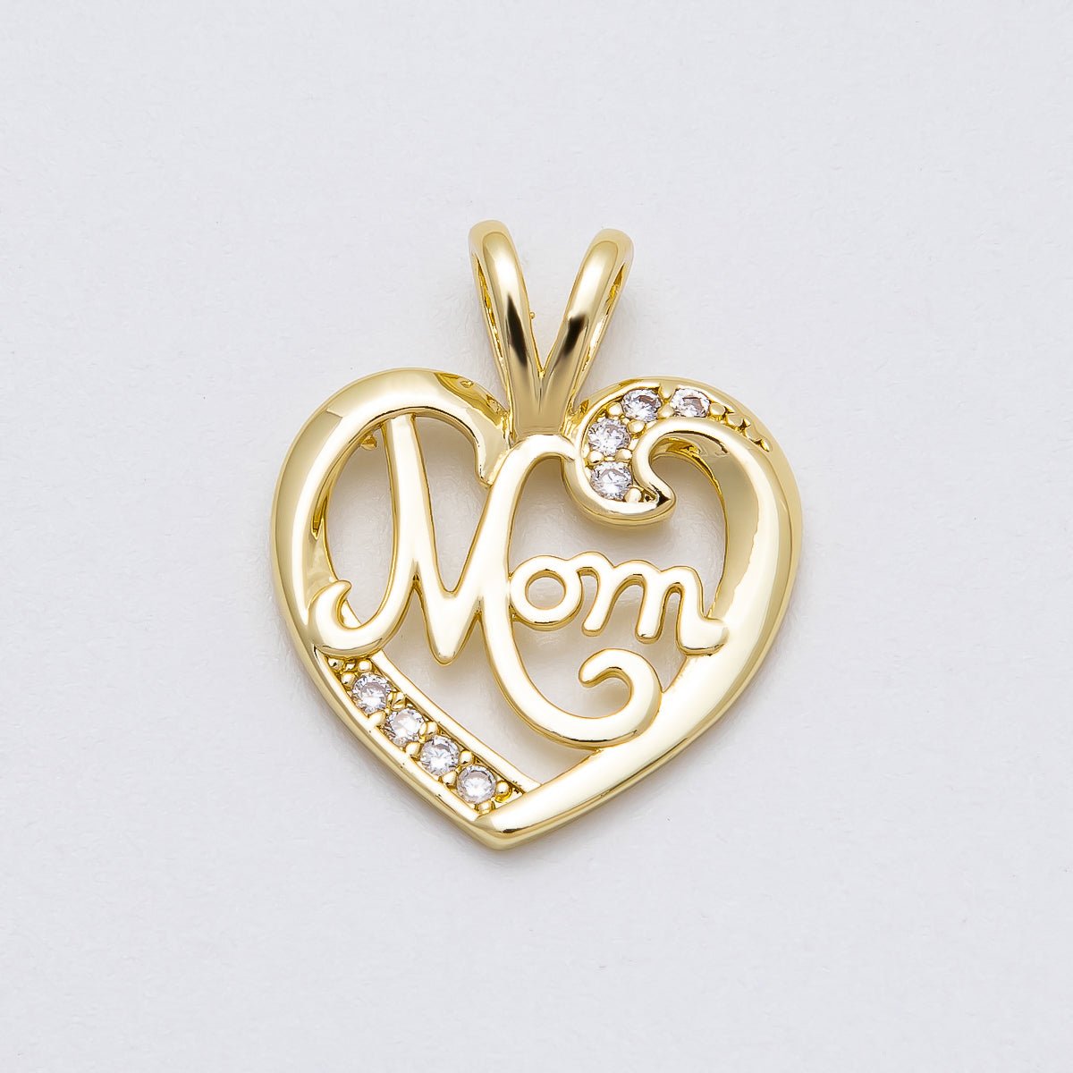 16K Gold Filled 23mm Pretty "MOM" Micro Paved CZ Heart Pendant | Charms-00463