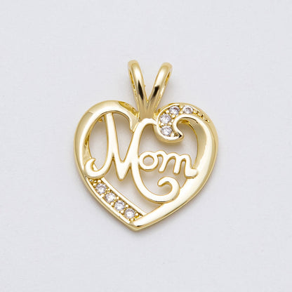 16K Gold Filled 23mm Pretty "MOM" Micro Paved CZ Heart Pendant | Charms-00463