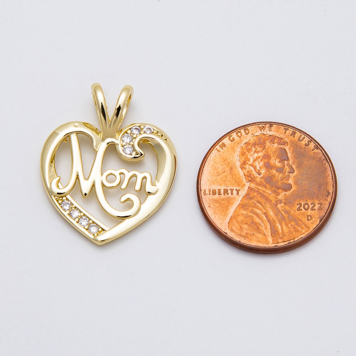 16K Gold Filled 23mm Pretty "MOM" Micro Paved CZ Heart Pendant | Charms-00463
