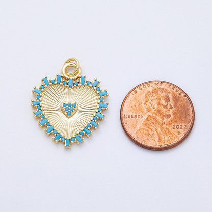 16K Gold Filled 23mm Turquoise Paved Baguette Sunburst Heart Charm | Charms-00127