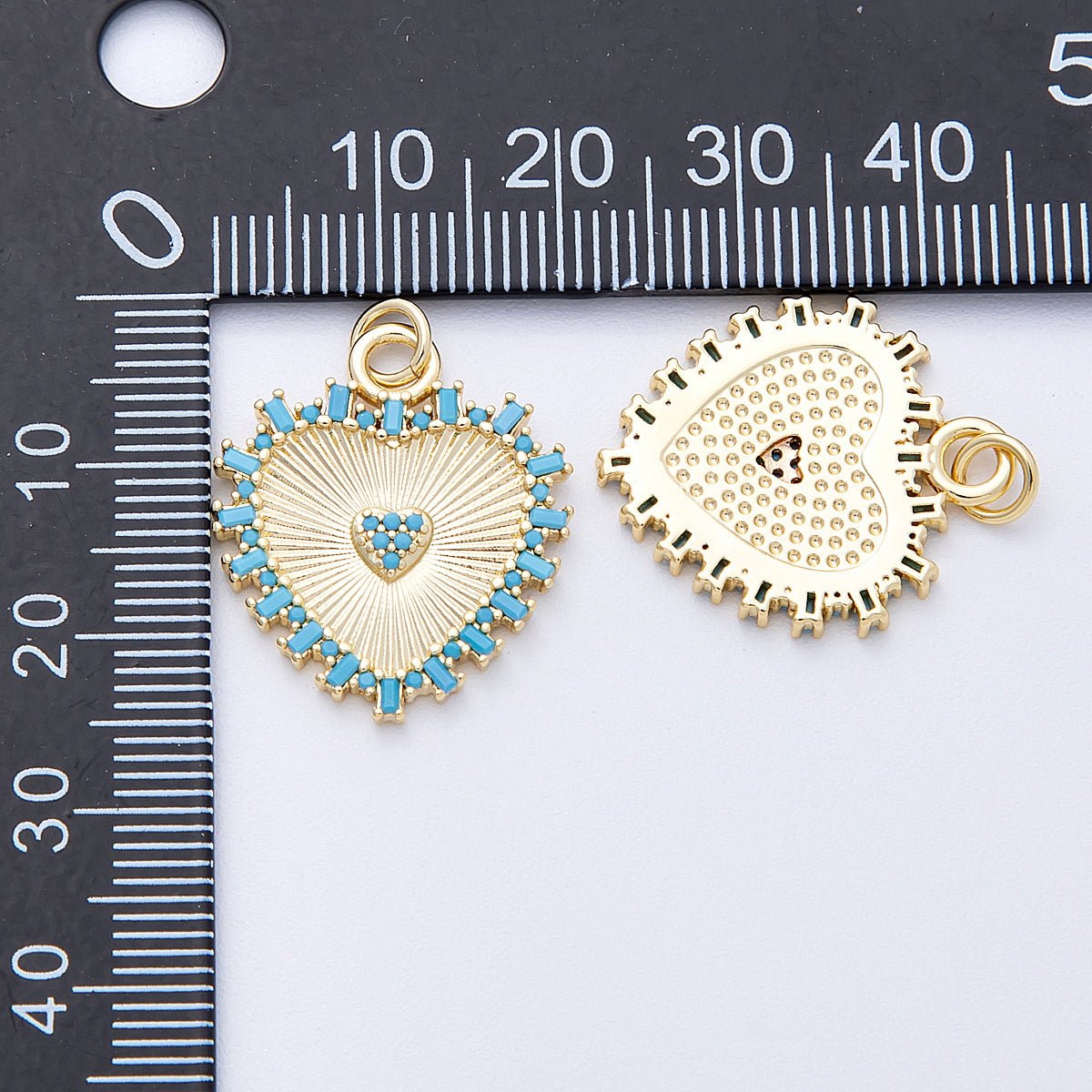 16K Gold Filled 23mm Turquoise Paved Baguette Sunburst Heart Charm | Charms-00127