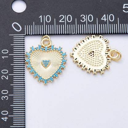 16K Gold Filled 23mm Turquoise Paved Baguette Sunburst Heart Charm | Charms-00127