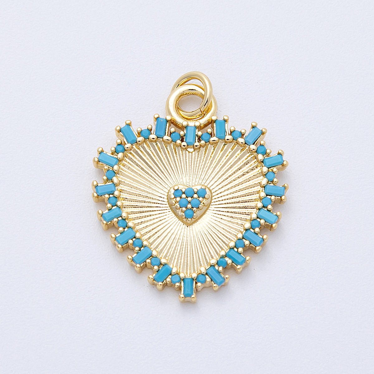 16K Gold Filled 23mm Turquoise Paved Baguette Sunburst Heart Charm | Charms-00127