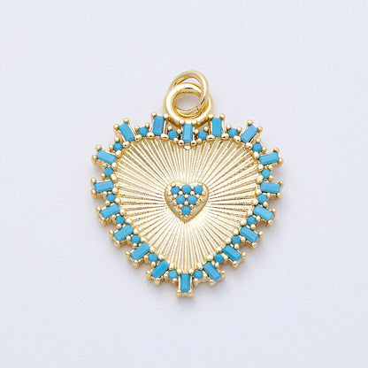 16K Gold Filled 23mm Turquoise Paved Baguette Sunburst Heart Charm | Charms-00127
