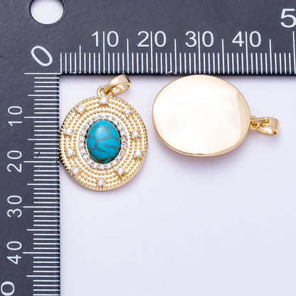 16K Gold Filled 23mm Turquoise, Tiger Eye Cabochon Micro Paved CZ Dotted Oval Pendant | Charms-01495 Charms-01496