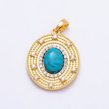 16K Gold Filled 23mm Turquoise, Tiger Eye Cabochon Micro Paved CZ Dotted Oval Pendant | Charms-01495 Charms-01496