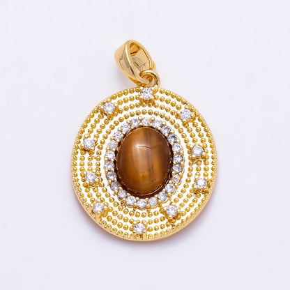 16K Gold Filled 23mm Turquoise, Tiger Eye Cabochon Micro Paved CZ Dotted Oval Pendant | Charms-01495 Charms-01496
