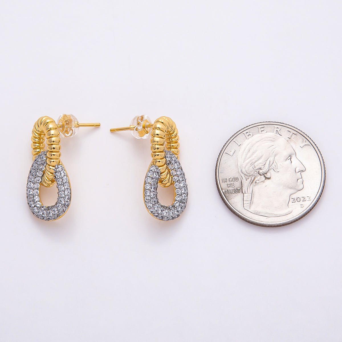16K Gold Filled 23mm Micro Paved CZ Ribbed Geometric Interlock Drop Stud Earrings | Earrings-00363