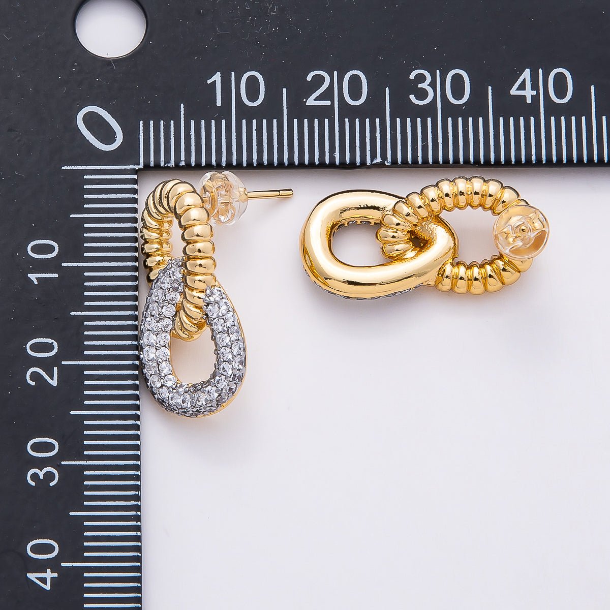 16K Gold Filled 23mm Micro Paved CZ Ribbed Geometric Interlock Drop Stud Earrings | Earrings-00363