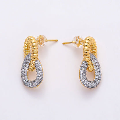 16K Gold Filled 23mm Micro Paved CZ Ribbed Geometric Interlock Drop Stud Earrings | Earrings-00363
