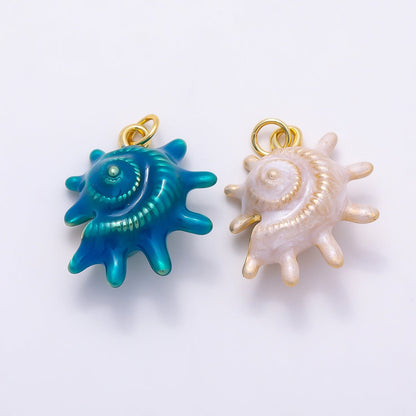 16K Gold Filled 23mm White, Blue Enamel Natural Conch Sea Shell 3D Multidimensional Charm | Charms-01506