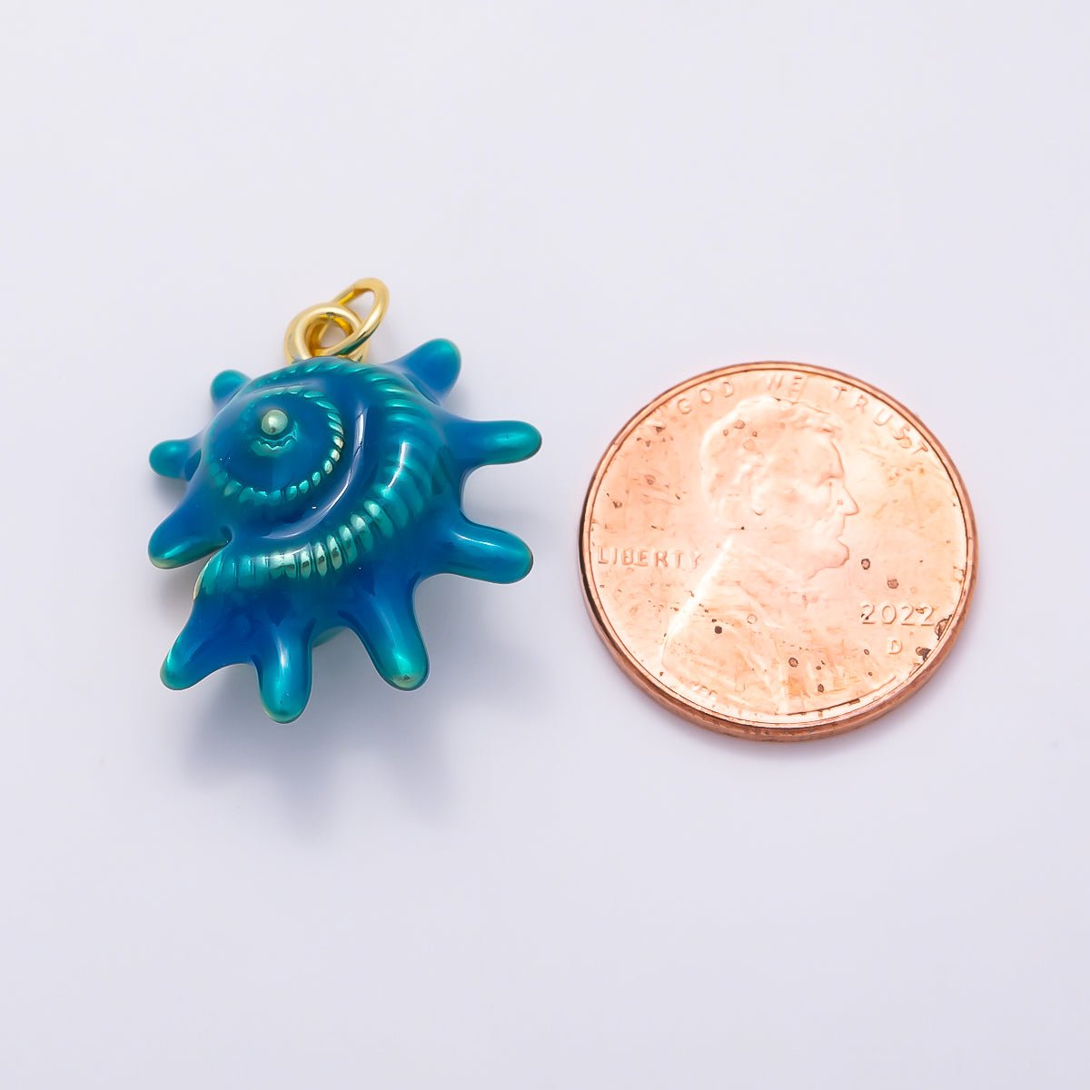 16K Gold Filled 23mm White, Blue Enamel Natural Conch Sea Shell 3D Multidimensional Charm | Charms-01506