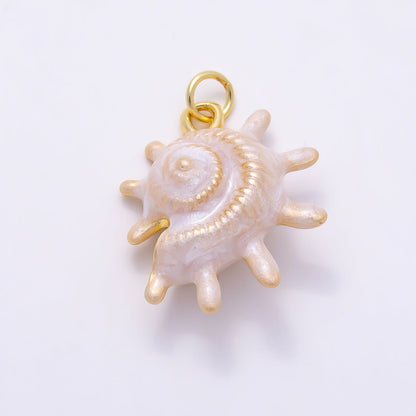16K Gold Filled 23mm White, Blue Enamel Natural Conch Sea Shell 3D Multidimensional Charm | Charms-01506