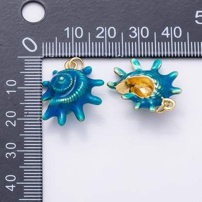 16K Gold Filled 23mm White, Blue Enamel Natural Conch Sea Shell 3D Multidimensional Charm | Charms-01506