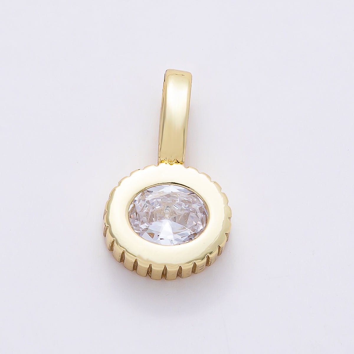 16K Gold Filled 24.5mm Clear CZ Ribbed Round Solitaire Pendant | Charms-00815