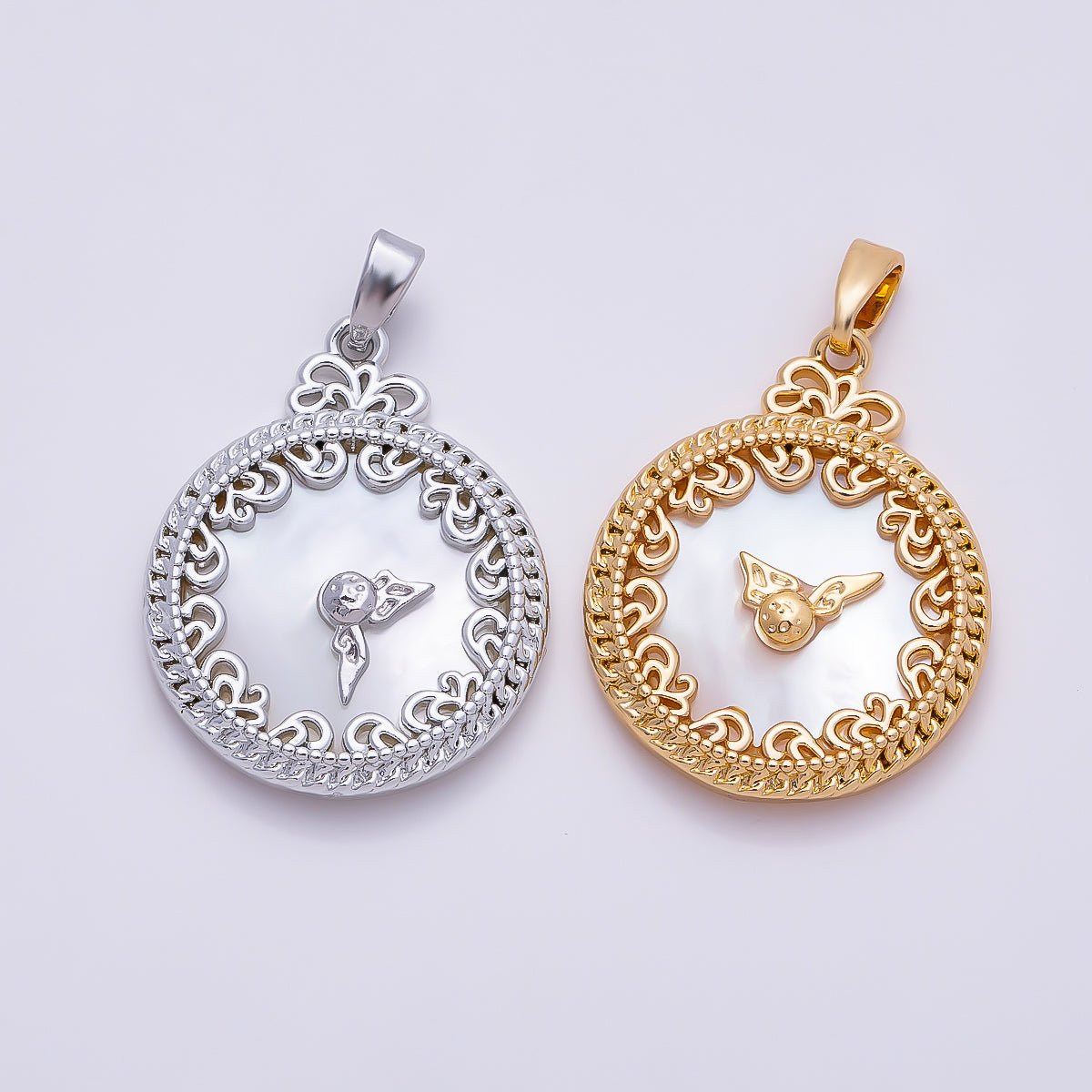 16K Gold Filled 24.5mm Mother of Pearl Clock Artisan Bezel Round Pendant in Gold &amp; Silver | Charms-01362 Charms-01363