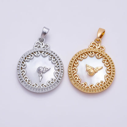 16K Gold Filled 24.5mm Mother of Pearl Clock Artisan Bezel Round Pendant in Gold &amp; Silver | Charms-01362 Charms-01363