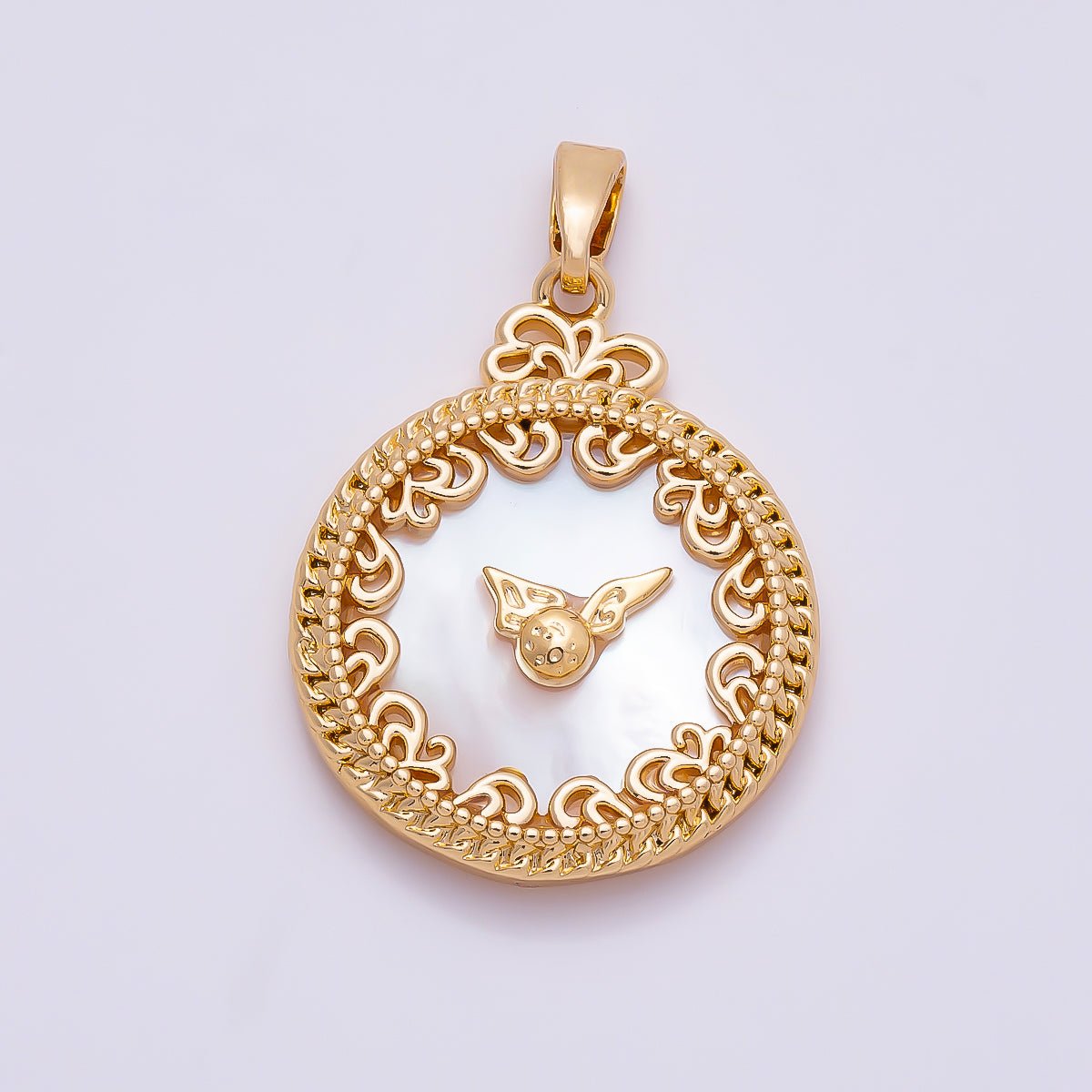 16K Gold Filled 24.5mm Mother of Pearl Clock Artisan Bezel Round Pendant in Gold &amp; Silver | Charms-01362 Charms-01363